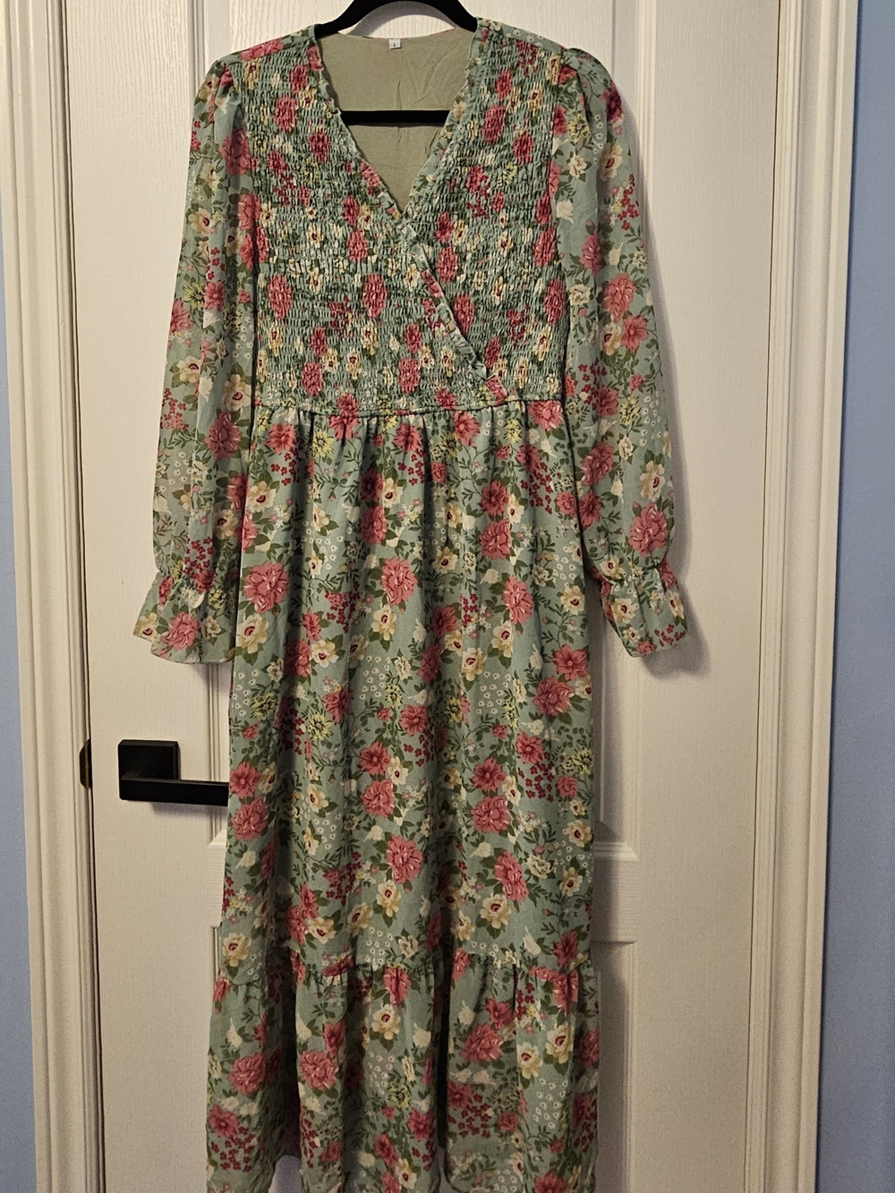 Floral Smocked V-Neck Maxi Dress - Green with Pink Roses